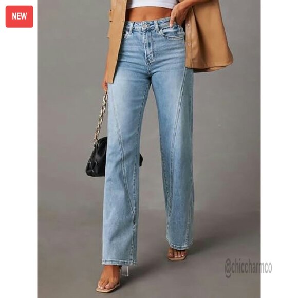 Wide Leg Jeans Mid High Waisted Stretchy Denim Pants Straight Leg Trousers - Picture 3 of 8